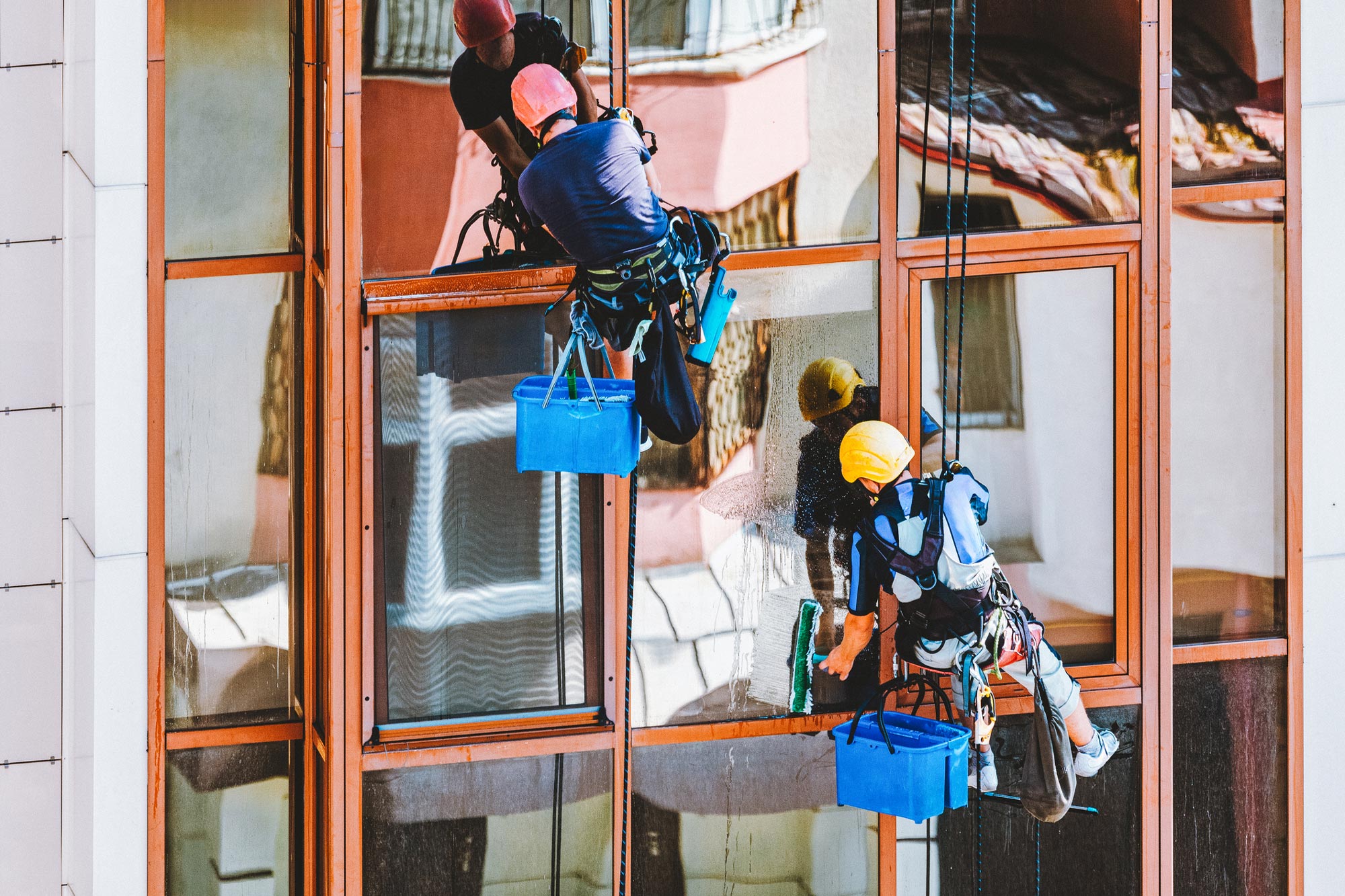 Window washers suspended by ropes clean modern building glass facade in urban environment. Safety harnesses and equipment ensure their secure and professional work high above the ground